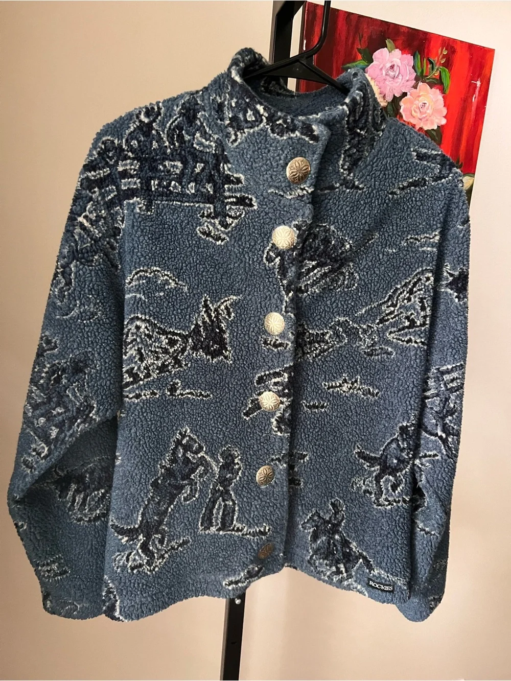 Rockies Dark Blue Patterned Sherpa Jacket vintage - Picture 1 of 5